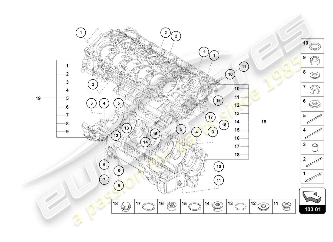 lamborghini 2017 (lp740-4 s coupe) diagrama de piezas del bloque de motor