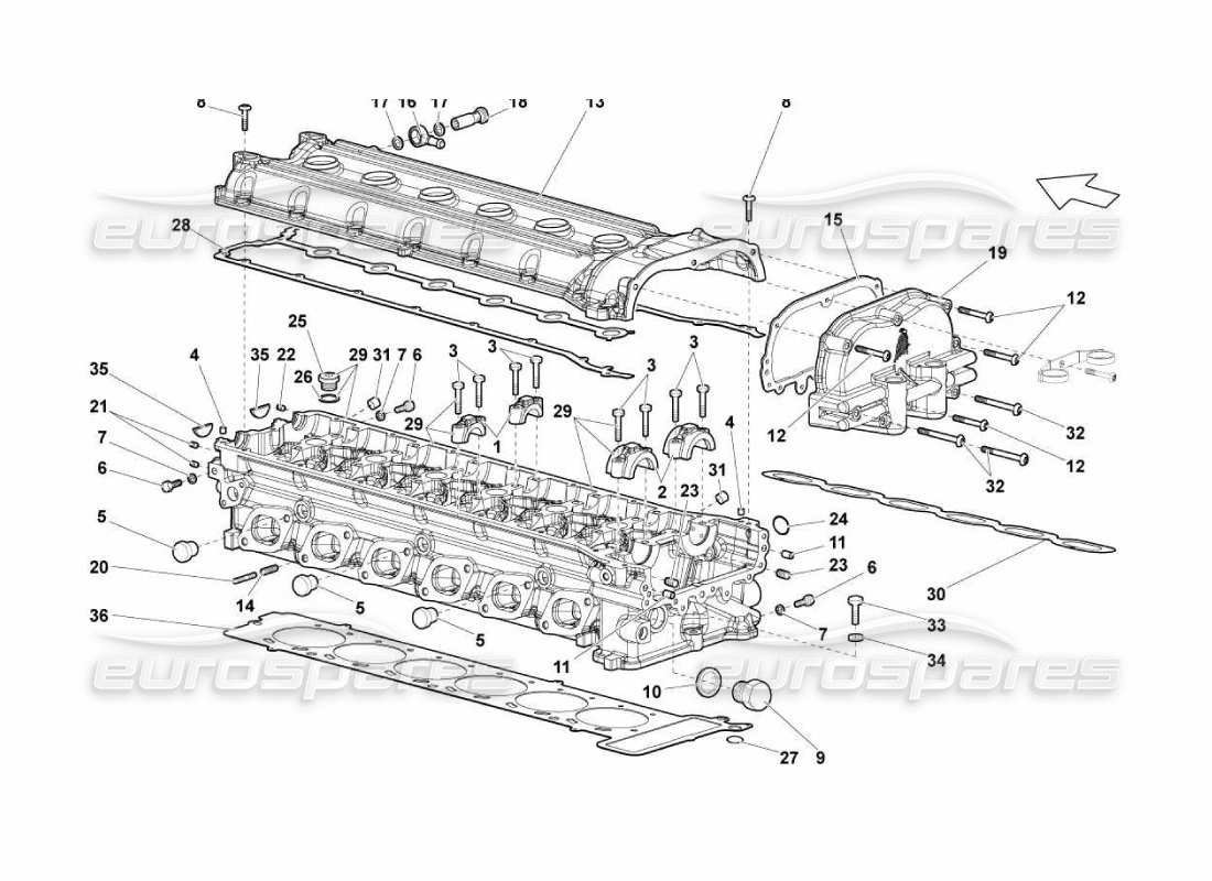lamborghini murcielago lp670 culata y tapa del cilindro derecho diagrama de piezas