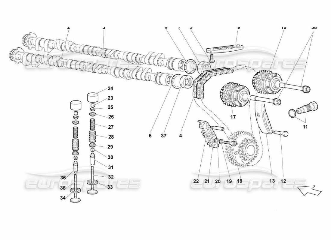 lamborghini murcielago lp670 sistema de sincronización del cabezal izquierdo diagrama de piezas