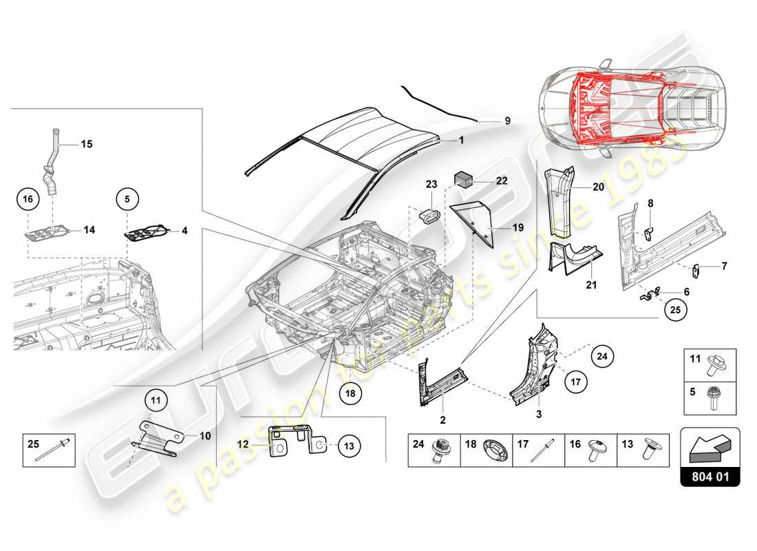 lamborghini performante coupe (2020) diagrama de piezas del techo