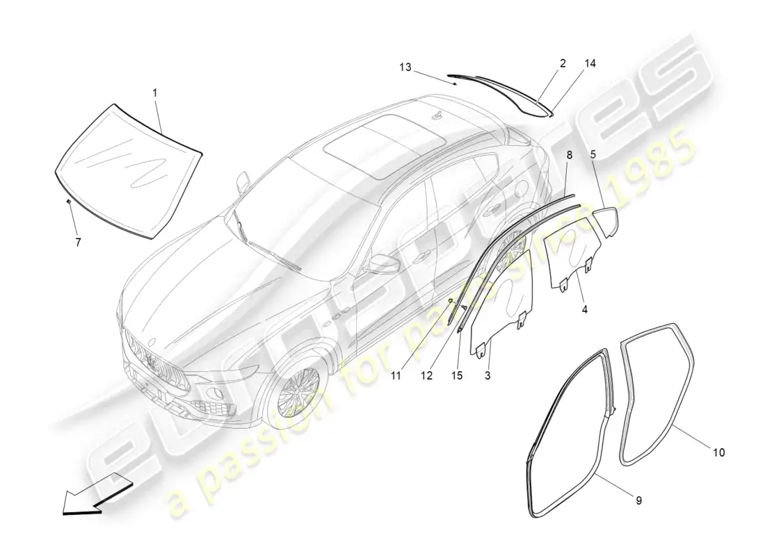 maserati levante (2020) ventanas y bandas de ventanas diagrama de piezas