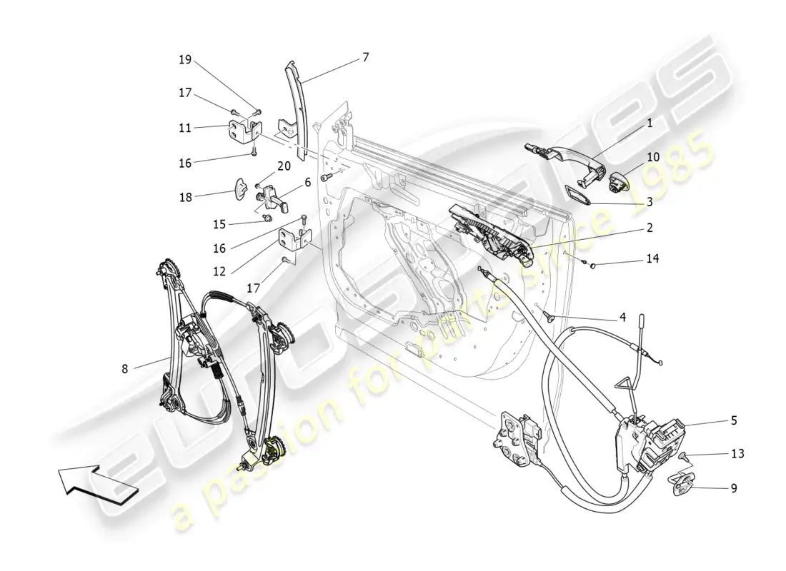 maserati levante (2020) puertas delanteras: mecanismos diagrama de piezas
