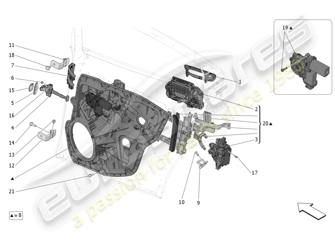 maserati grecale trofeo (2023) puertas traseras: mecanismos diagrama de piezas