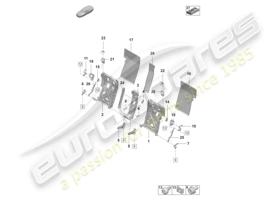 porsche 2023 (taycan 9j1-1) estructura del respaldo asiento confort diagrama de piezas