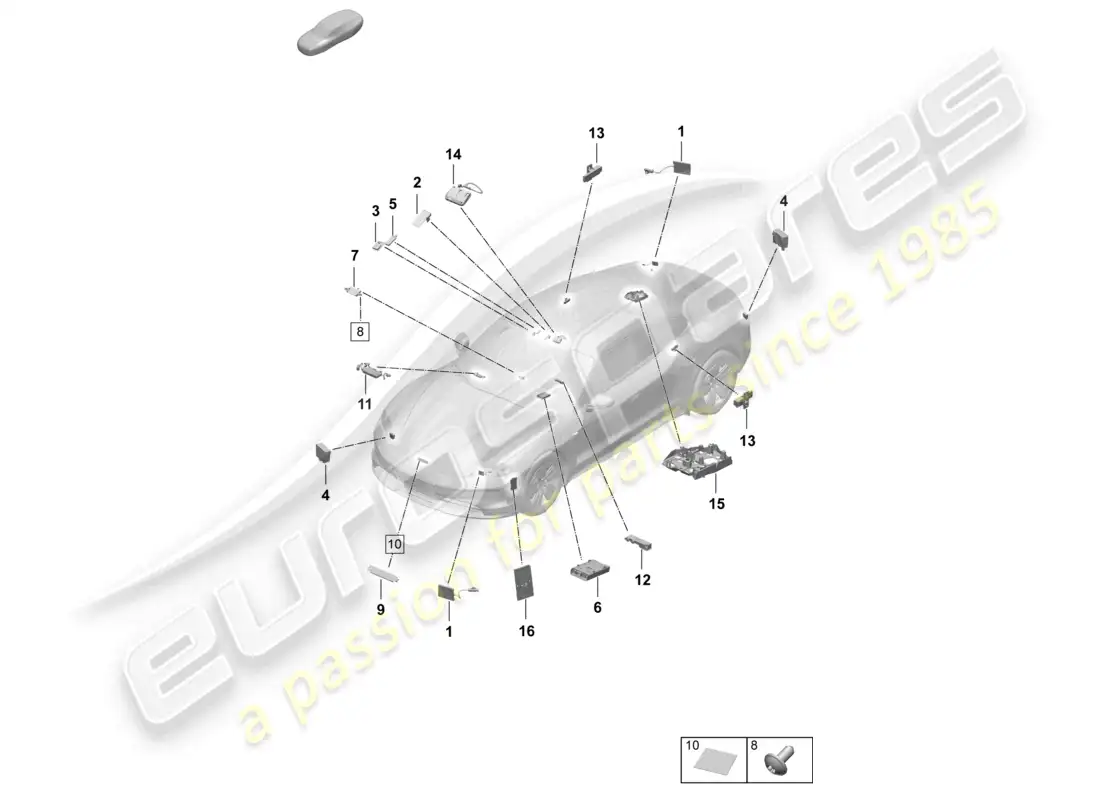 porsche 2025 (taycan 9j1-2) lector de tarjetas con chip frontal aéreo para sistema de peaje de carreteras diagrama de piezas