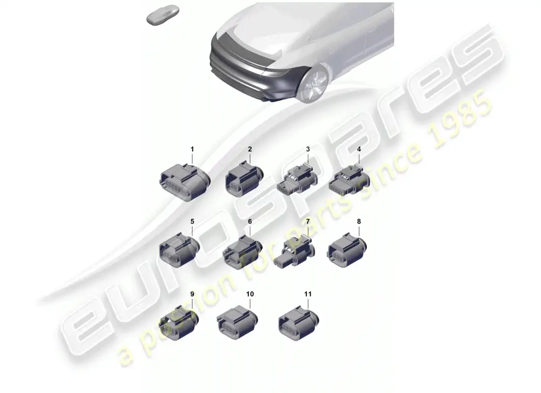 porsche 2020 (taycan 9j1-1) carcasa del conector trasero y parachoques e iluminación diagrama de piezas