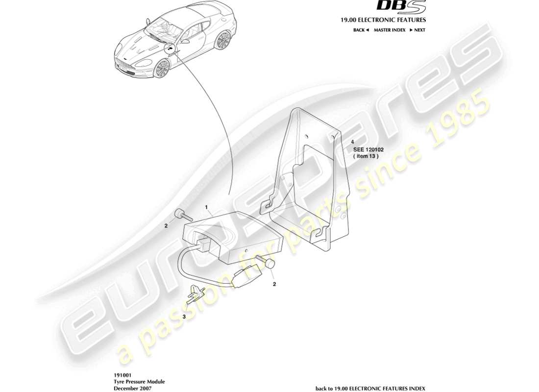 aston martin dbs (2013) diagrama de piezas del módulo de presión de neumáticos
