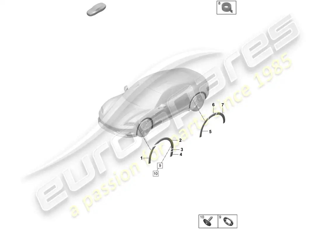 porsche 2025 (taycan 9j1-2) embellecedor de la cubierta del paso de rueda diagrama de piezas