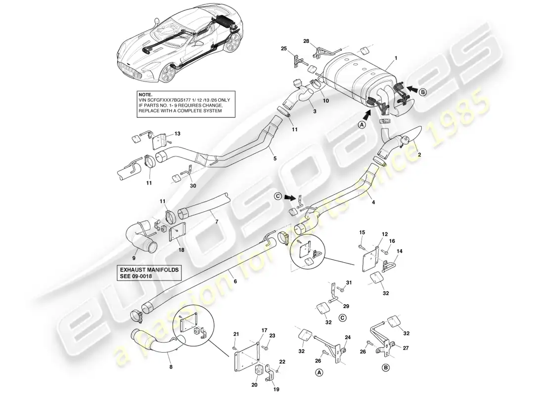 aston martin one-77 (2011) sistema de escape diagrama de piezas