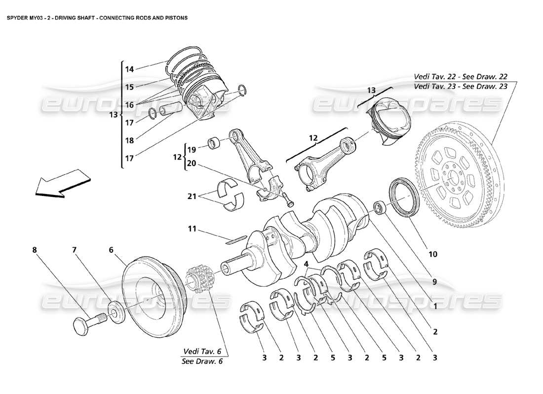 maserati 4200 spyder (2003) diagrama de piezas de bielas y pistones del cigüeñal