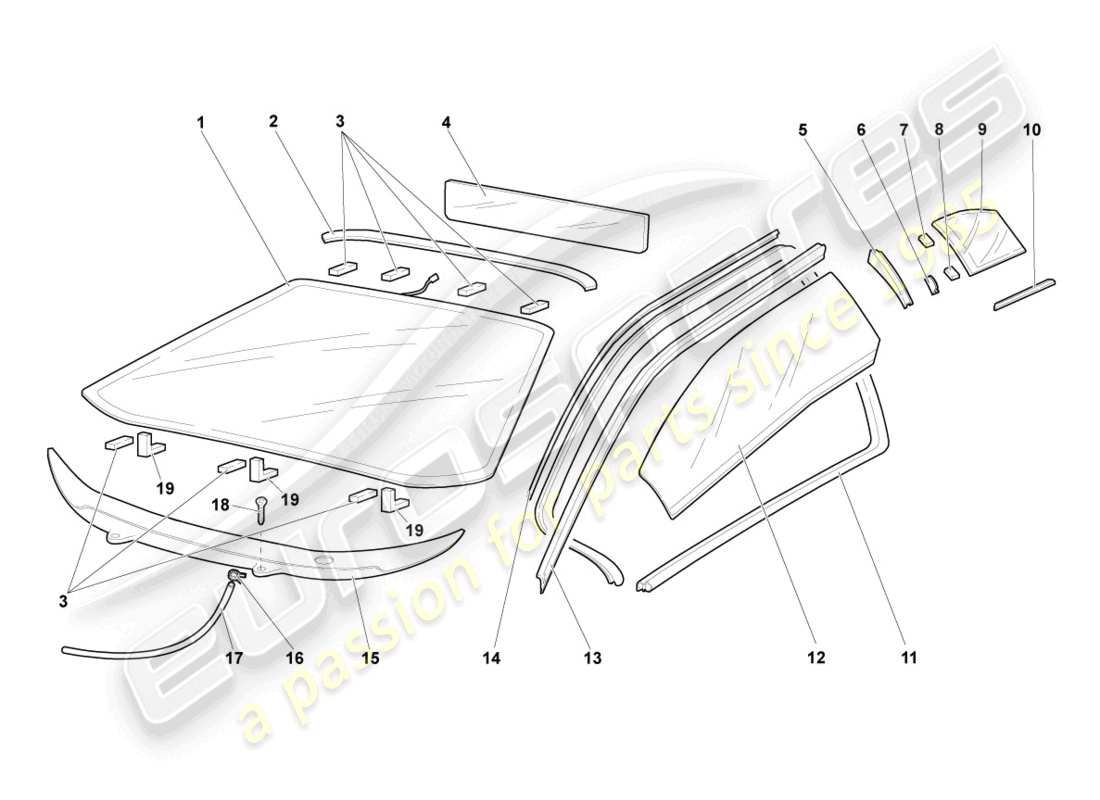 lamborghini murcielago coupe (2003) diagrama de piezas de vidrios para ventanas