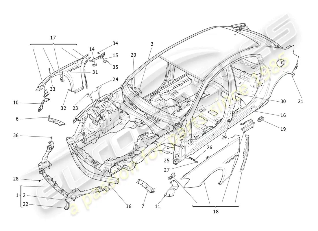 maserati ghibli (2017) carrocería y paneles exteriores delanteros diagrama de piezas
