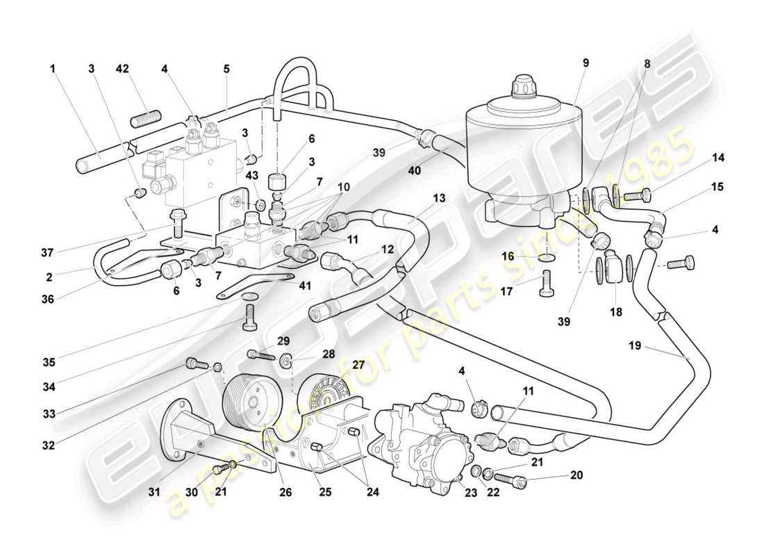 lamborghini murcielago coupe (2003) sistema hidráulico y depósito de líquido con conector. piezas diagrama de piezas