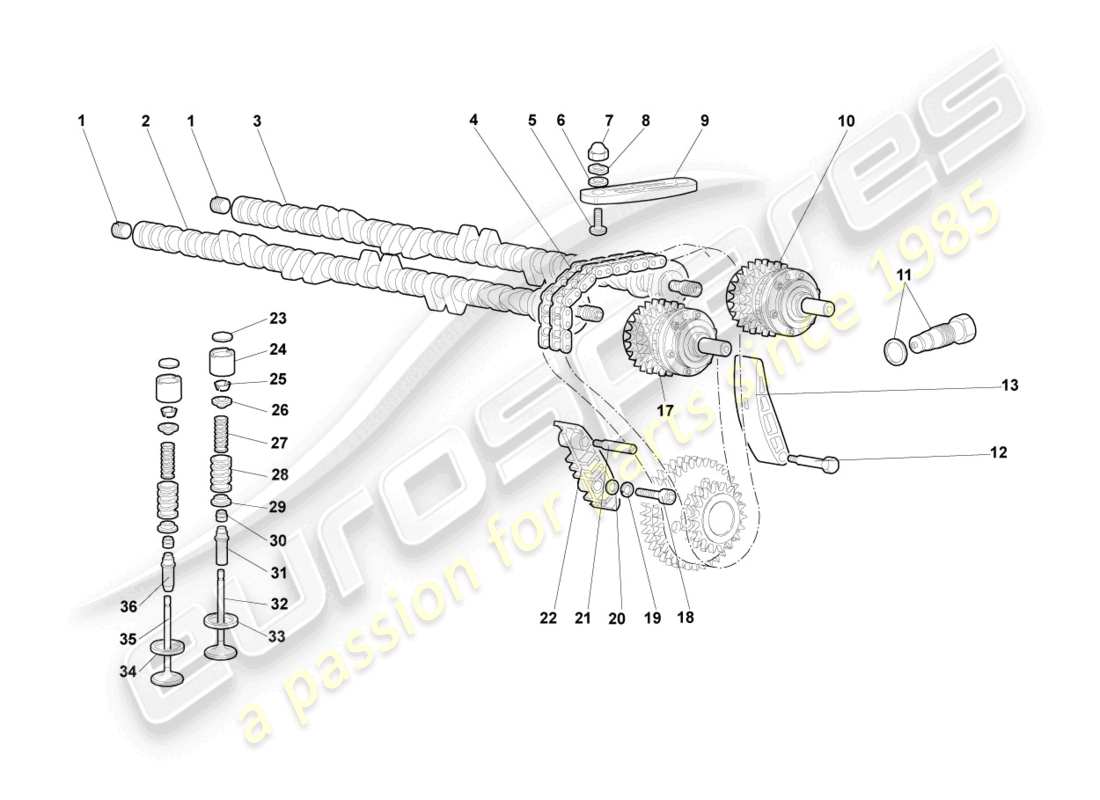 lamborghini murcielago coupe (2003) árbol de levas, válvulas izquierda diagrama de pieza