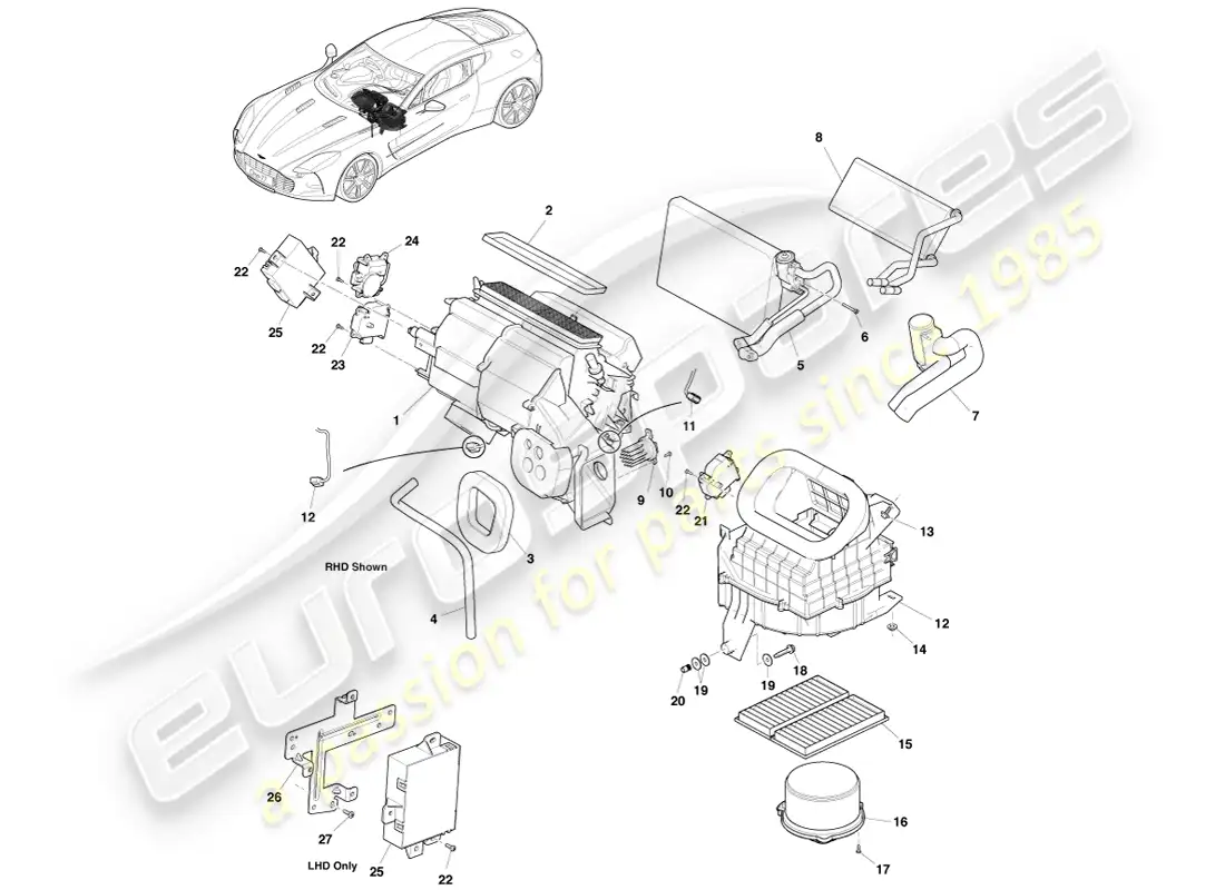 aston martin one-77 (2011) evaporador y calentador diagrama de piezas