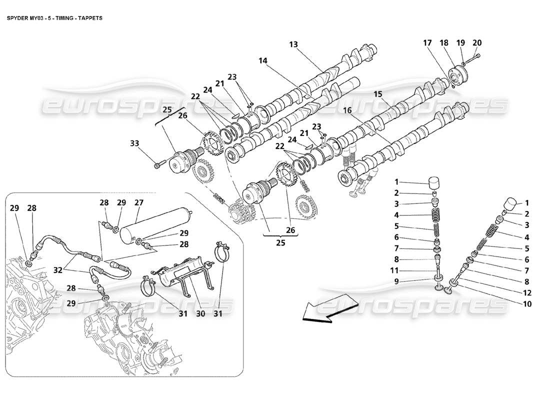 maserati 4200 spyder (2003) distribución: diagrama de piezas de los taqués