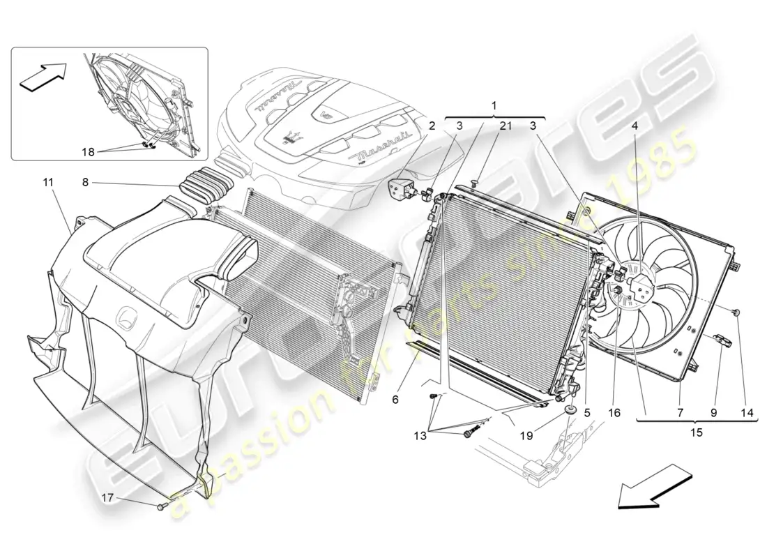 maserati ghibli (2015) refrigeración: radiadores de aire y conductos diagrama de piezas