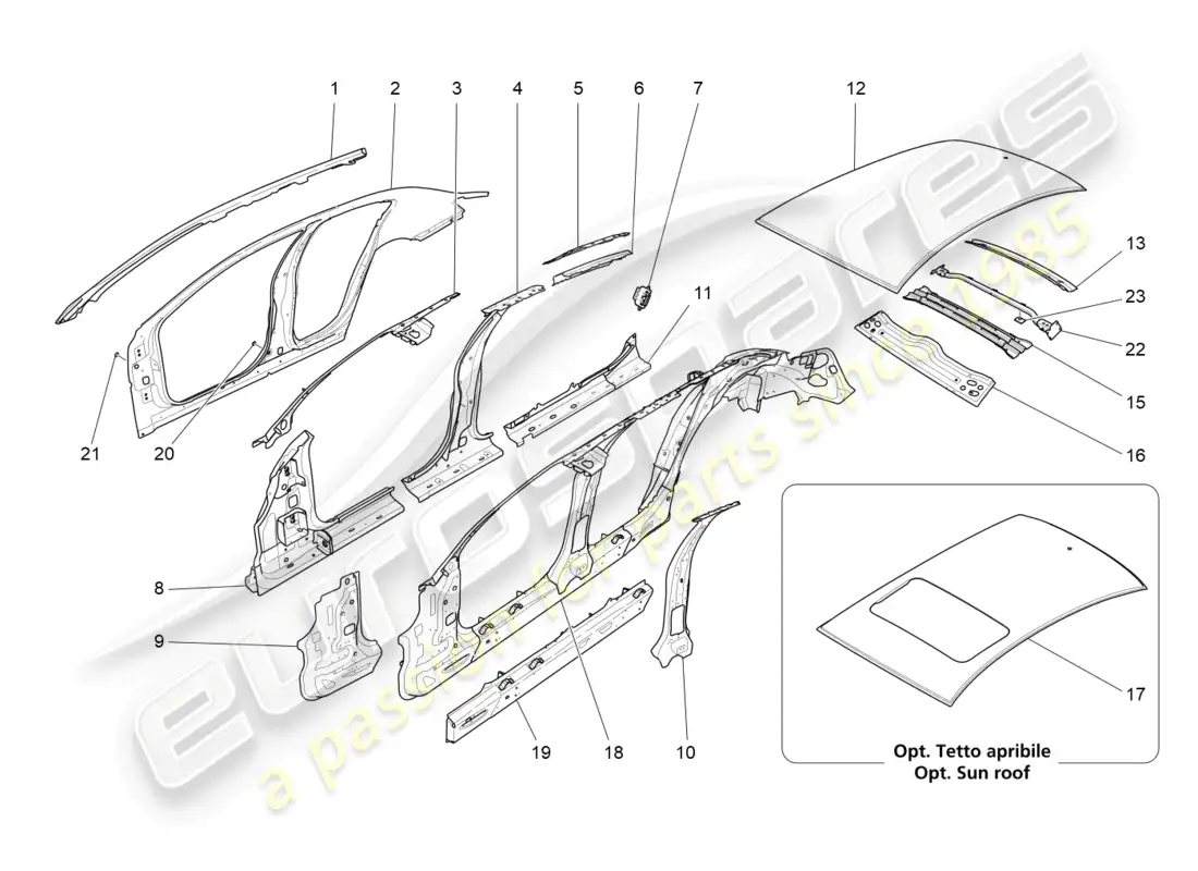 maserati ghibli (2017) carrocería y paneles exteriores centrales diagrama de piezas