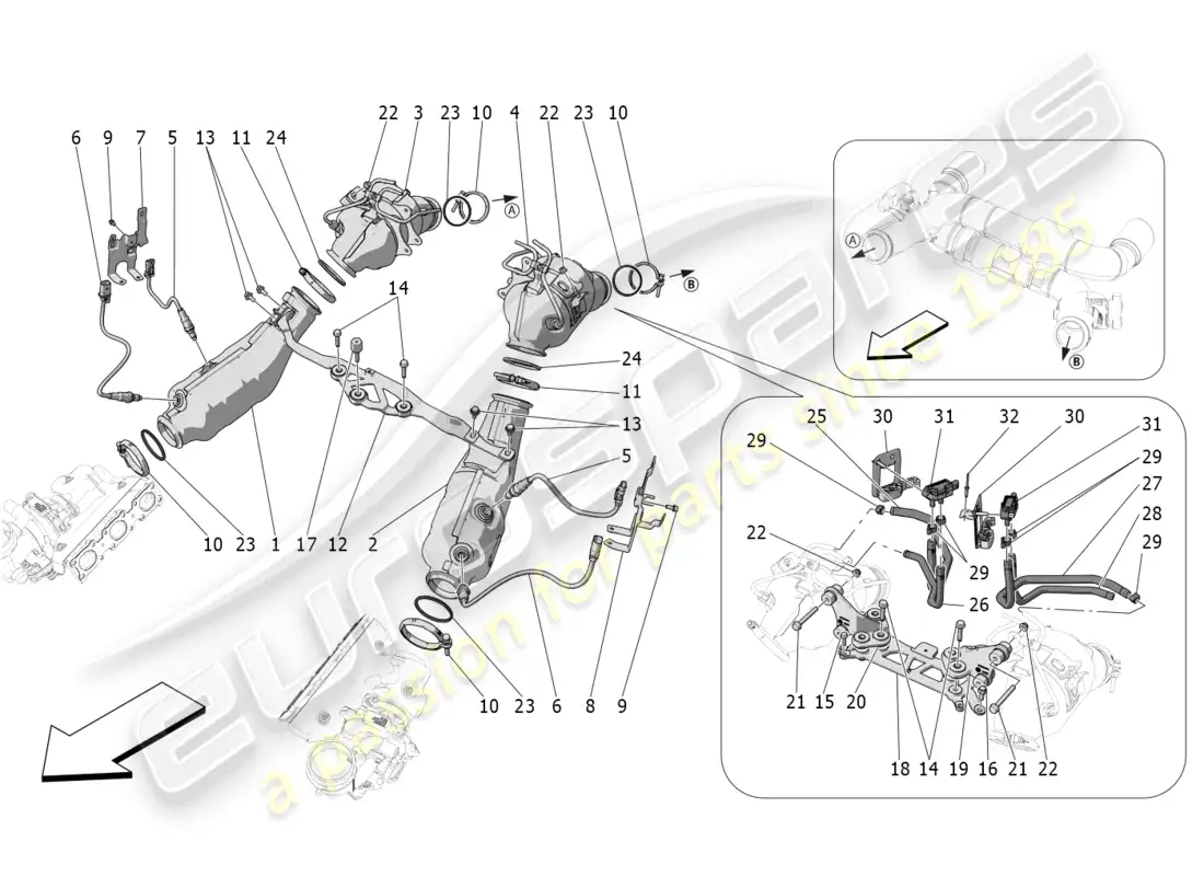 maserati mc20 cielo (2023) convertidores precatalíticos y convertidores catalíticos. diagrama de piezas