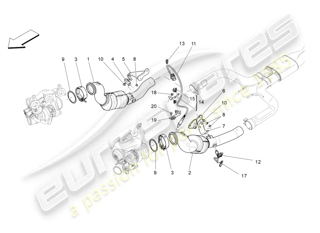 maserati levante tributo (2021) convertidores precatalíticos y convertidores catalíticos. diagrama de piezas