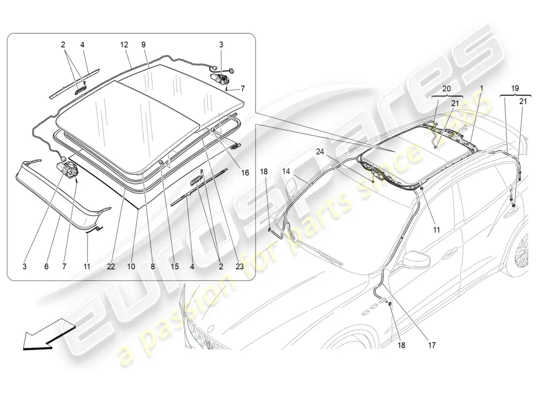 maserati levante gt (2022) techo corredizo diagrama de piezas