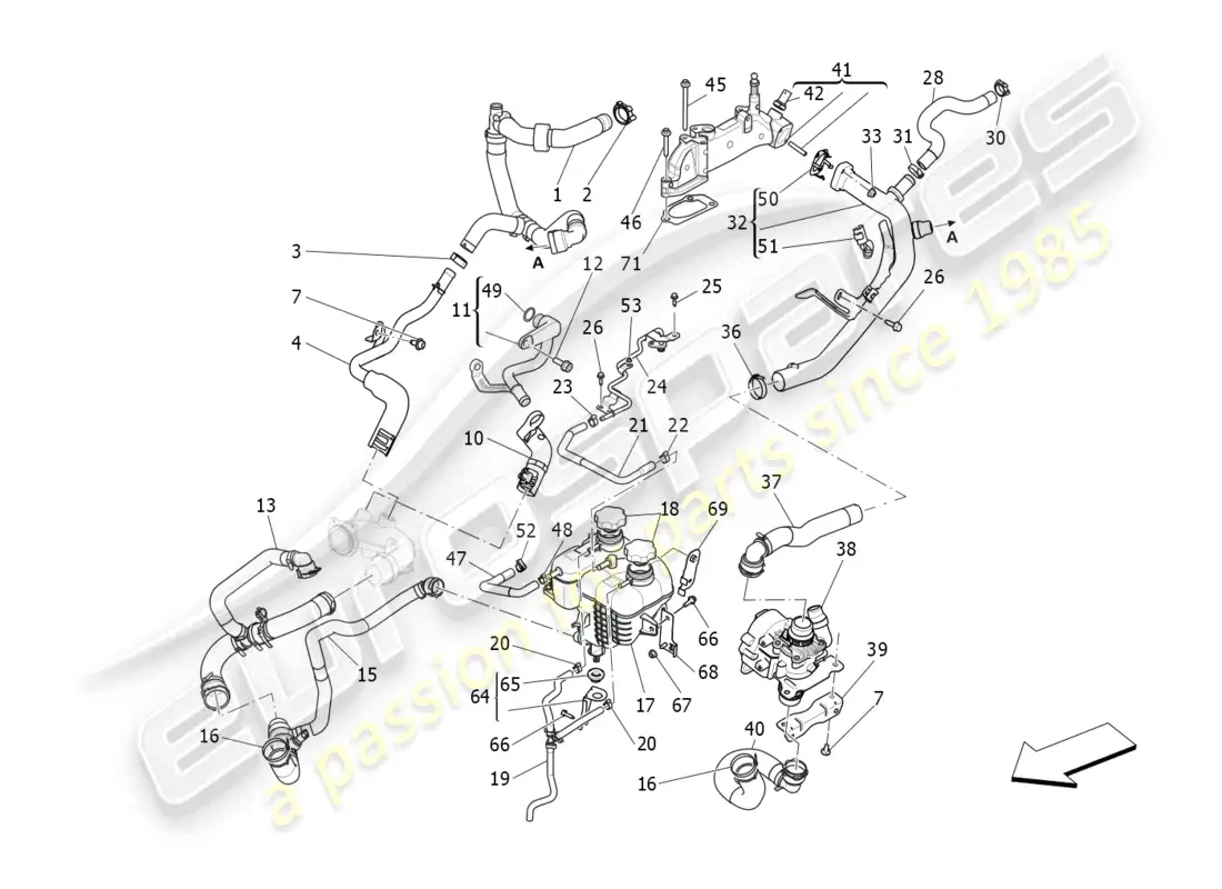 maserati levante gt (2022) sistema de enfriamiento: nourice y líneas diagrama de piezas
