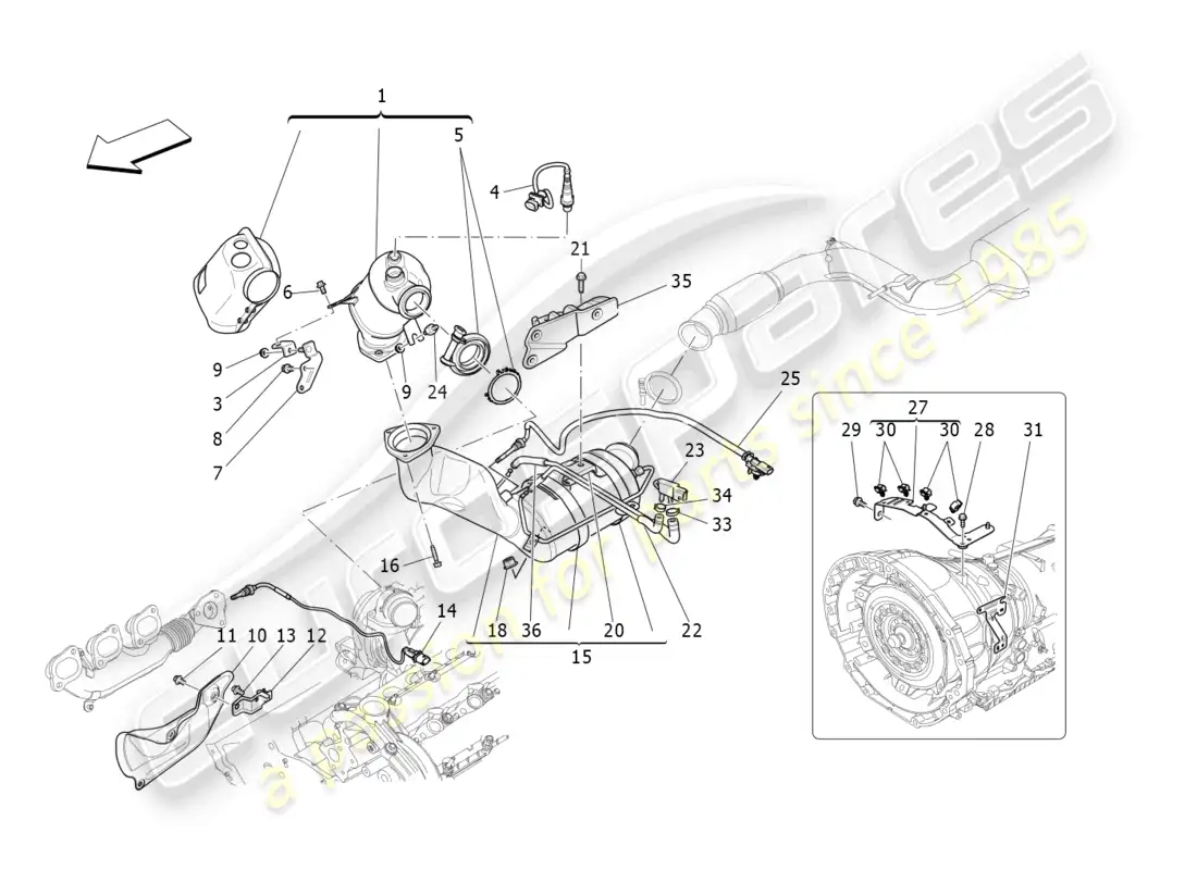 maserati levante (2018) convertidores precatalíticos y convertidores catalíticos. diagrama de piezas
