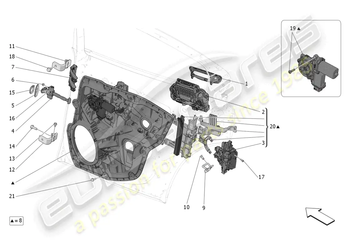 maserati grecale gt (2023) puertas traseras: mecanismos diagrama de piezas