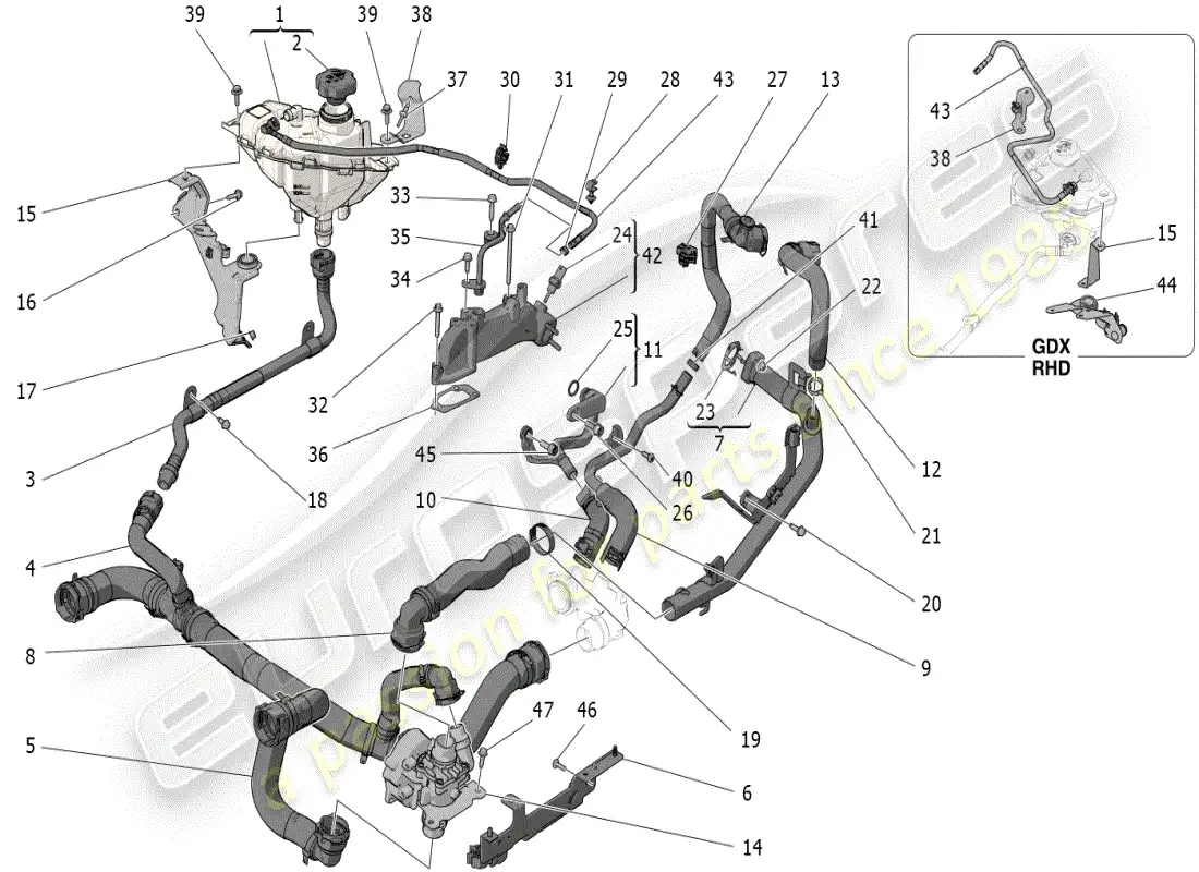 maserati grecale modena (2023) sistema de enfriamiento: nourice y líneas diagrama de piezas