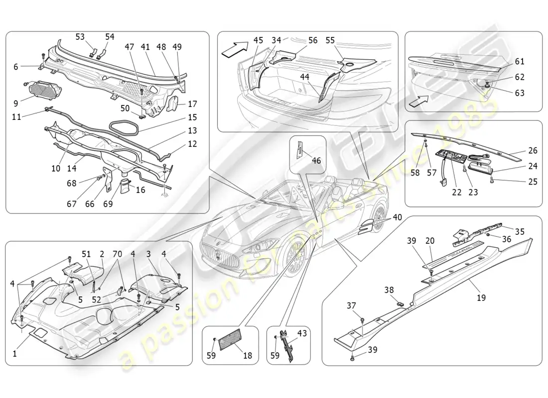 maserati grancabrio mc (2013) protectores, embellecedores y paneles de cobertura diagrama de piezas