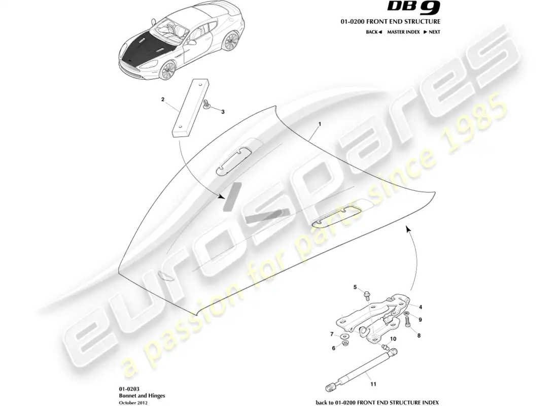 aston martin db9 (2014) capó y bisagras diagrama de piezas