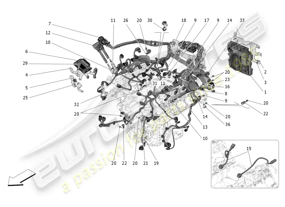 maserati grecale trofeo (2023) control electrónico: control de inyección y distribución del motor diagrama de piezas