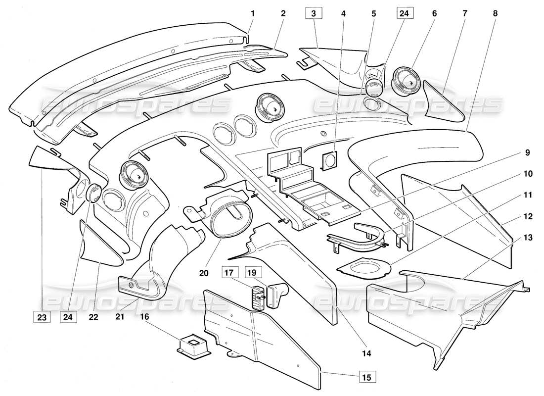 lamborghini diablo (1991) diagrama de piezas del revestimiento del compartimiento de pasajeros (válido para la versión 1992 de junio)