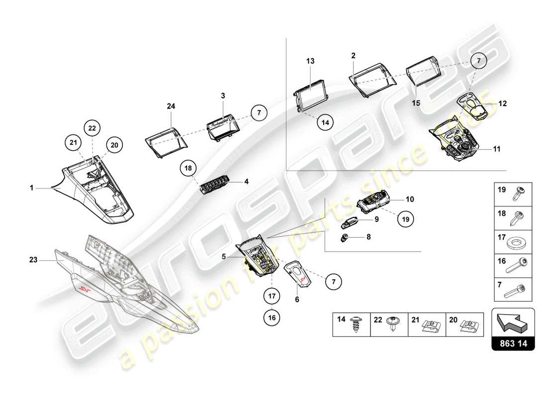 lamborghini lp770-4 svj roadster (2020) diagrama de piezas de la consola central