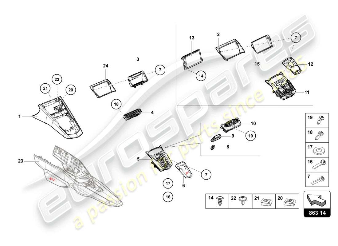 lamborghini lp750-4 sv coupe (2016) diagrama de piezas de la consola central