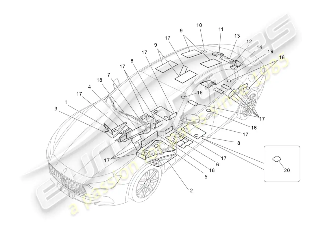maserati ghibli (2016) paneles insonorizadores en el interior del vehículo diagrama de piezas