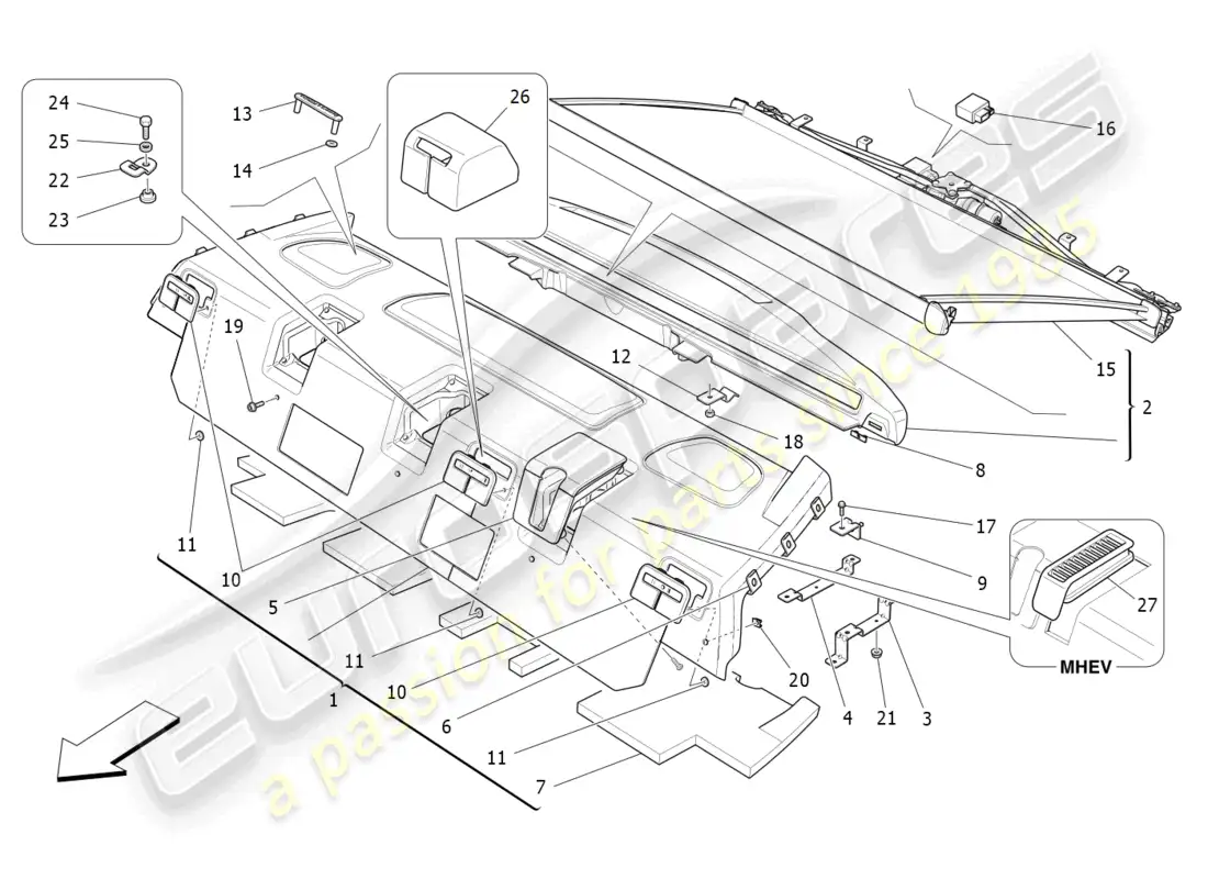 maserati ghibli (2014) estante trasero para paquetes diagrama de piezas