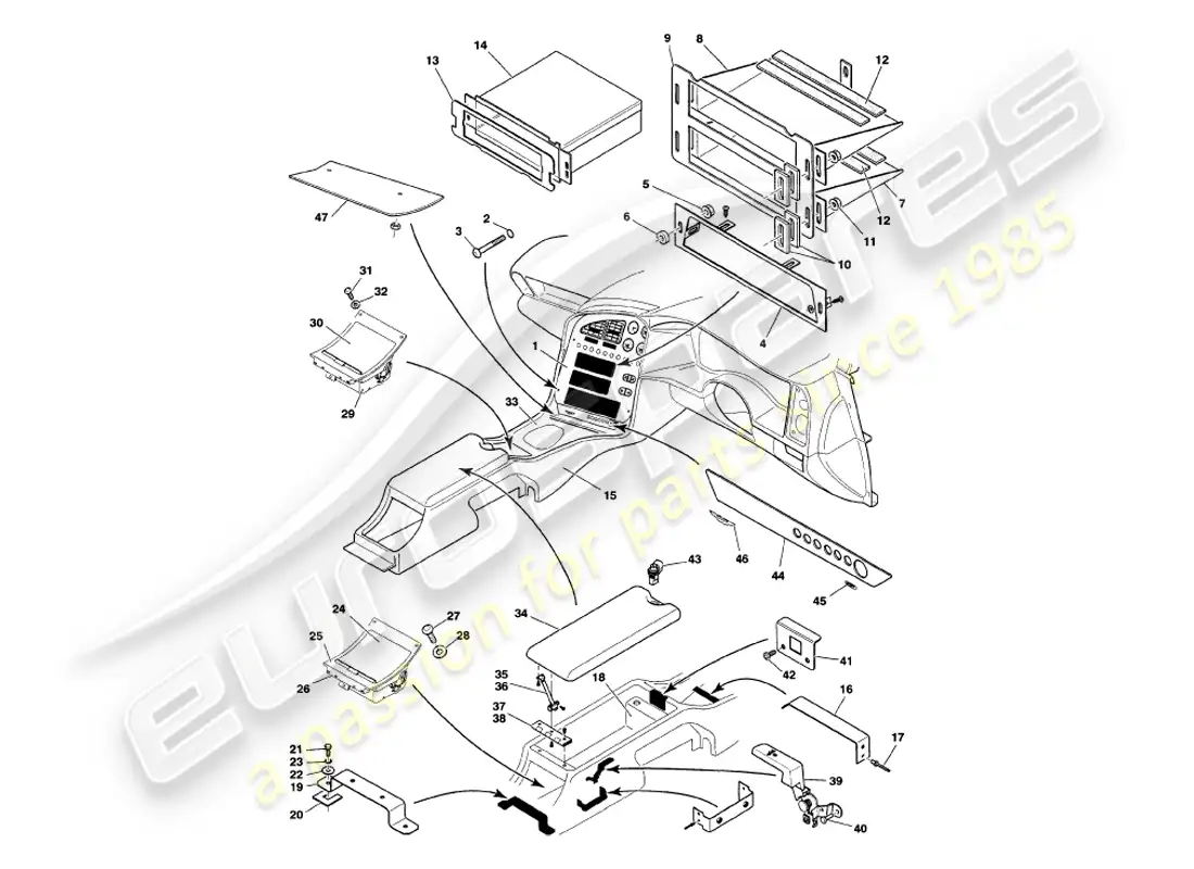 aston martin v8 volante (1998) consola central y molduras diagrama de piezas