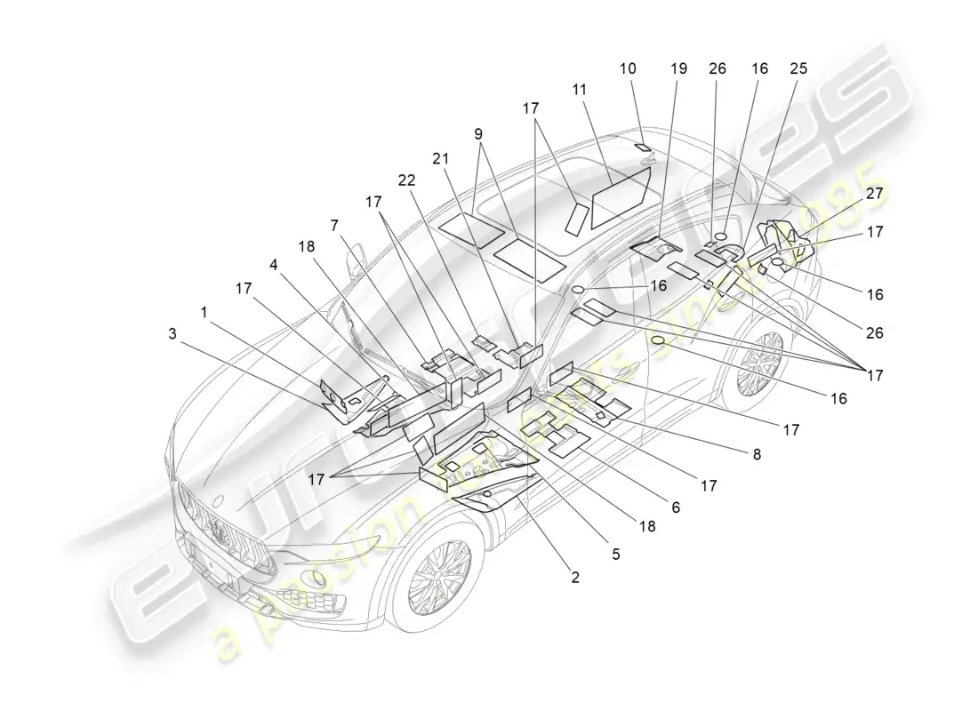 maserati levante (2017) paneles insonorizadores en el interior del vehículo diagrama de piezas