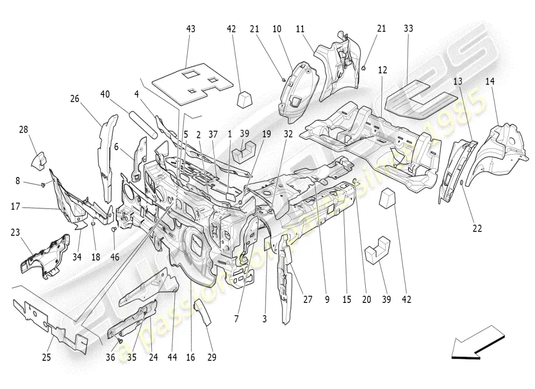maserati ghibli (2019) paneles de insonorización en el interior del vehículo. diagrama de piezas.