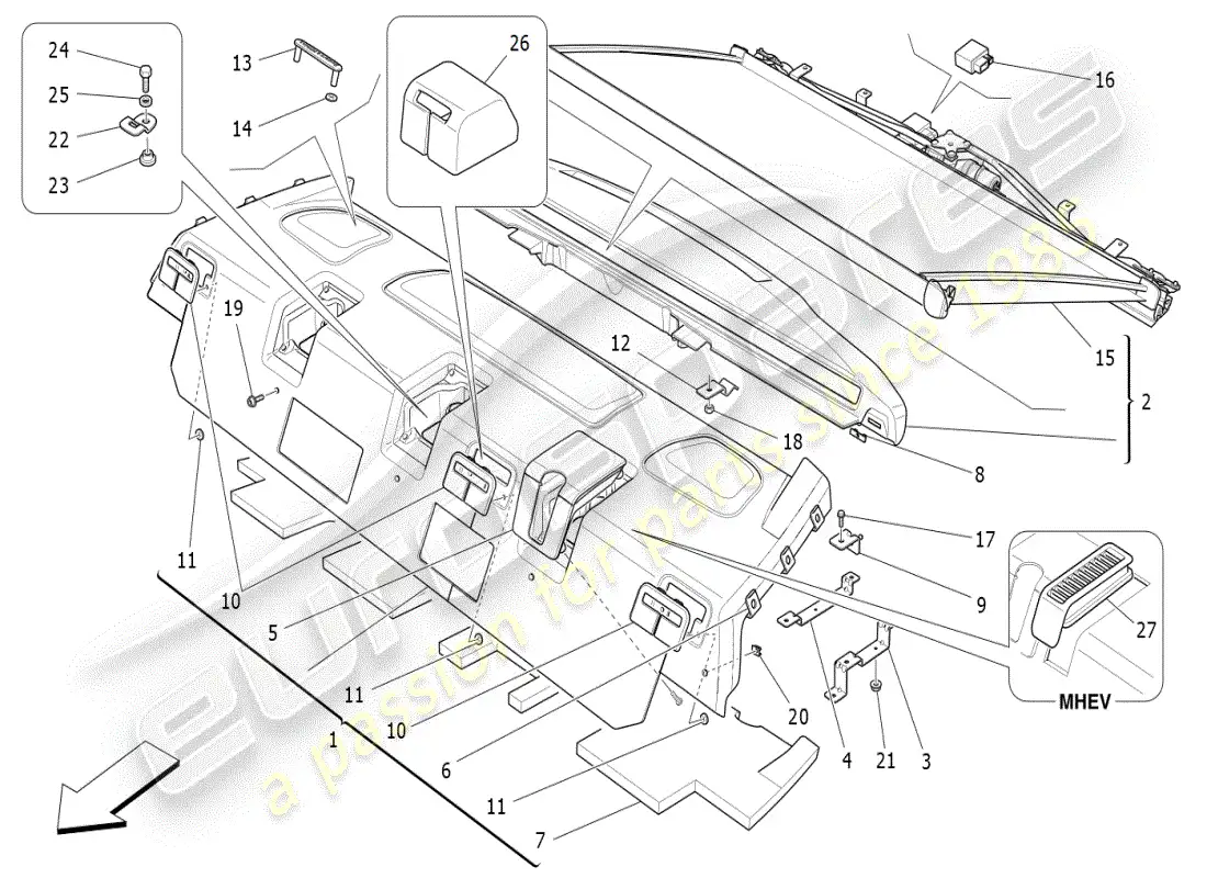 maserati ghibli (2019) diagrama de piezas del estante trasero para paquetes