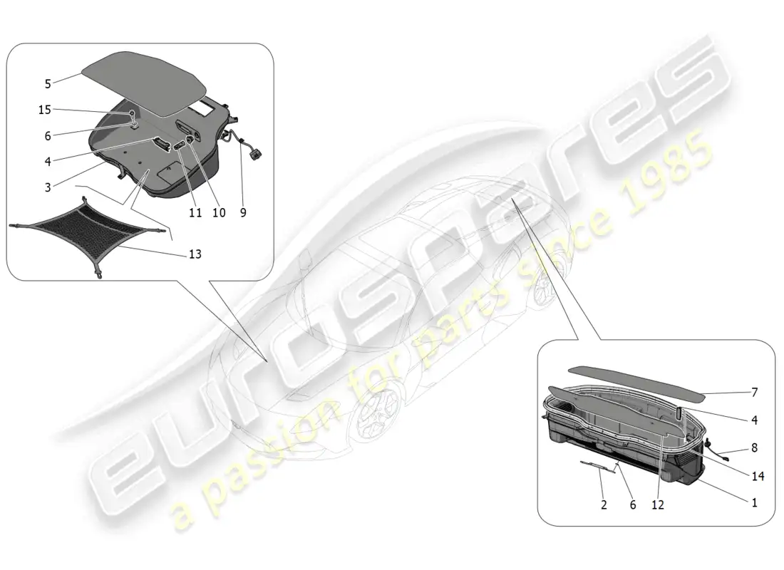 maserati mc20 cielo (2023) compartimientos del maletero diagrama de piezas
