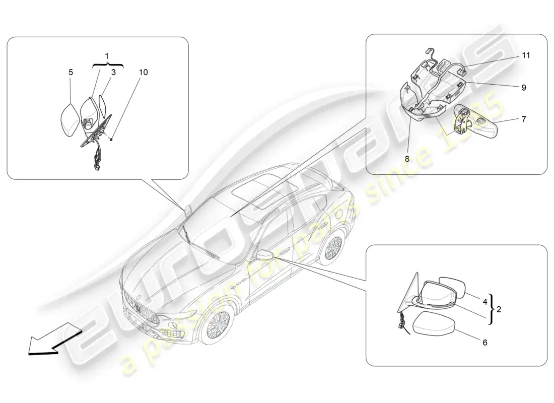 maserati levante modena (2022) espejos retrovisores interiores y exteriores diagrama de piezas