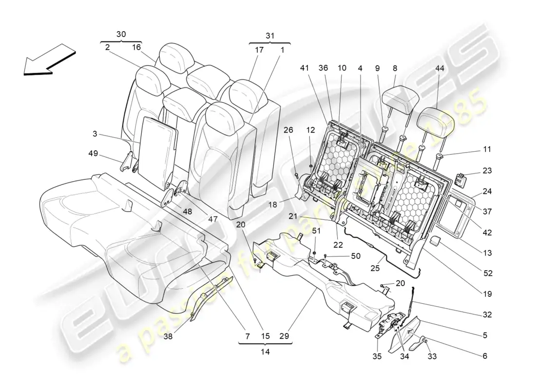 maserati levante modena (2022) asientos traseros: paneles acabados diagrama de piezas