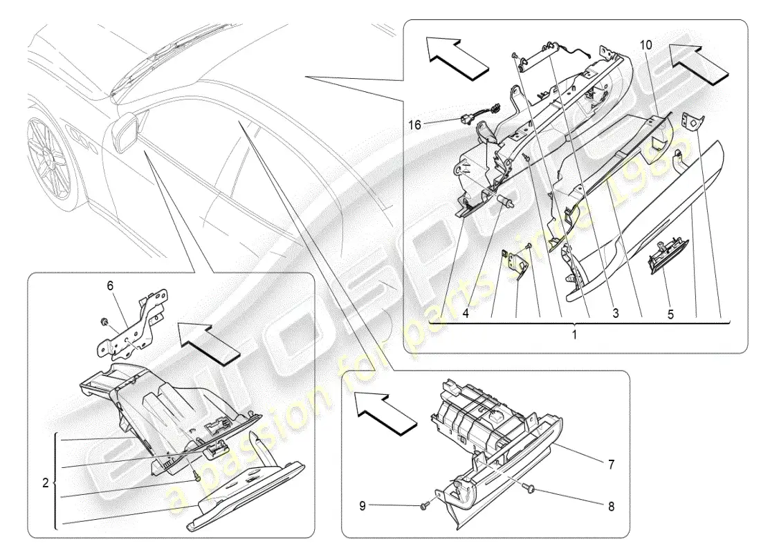 maserati ghibli (2019) diagrama de piezas de las guanteras
