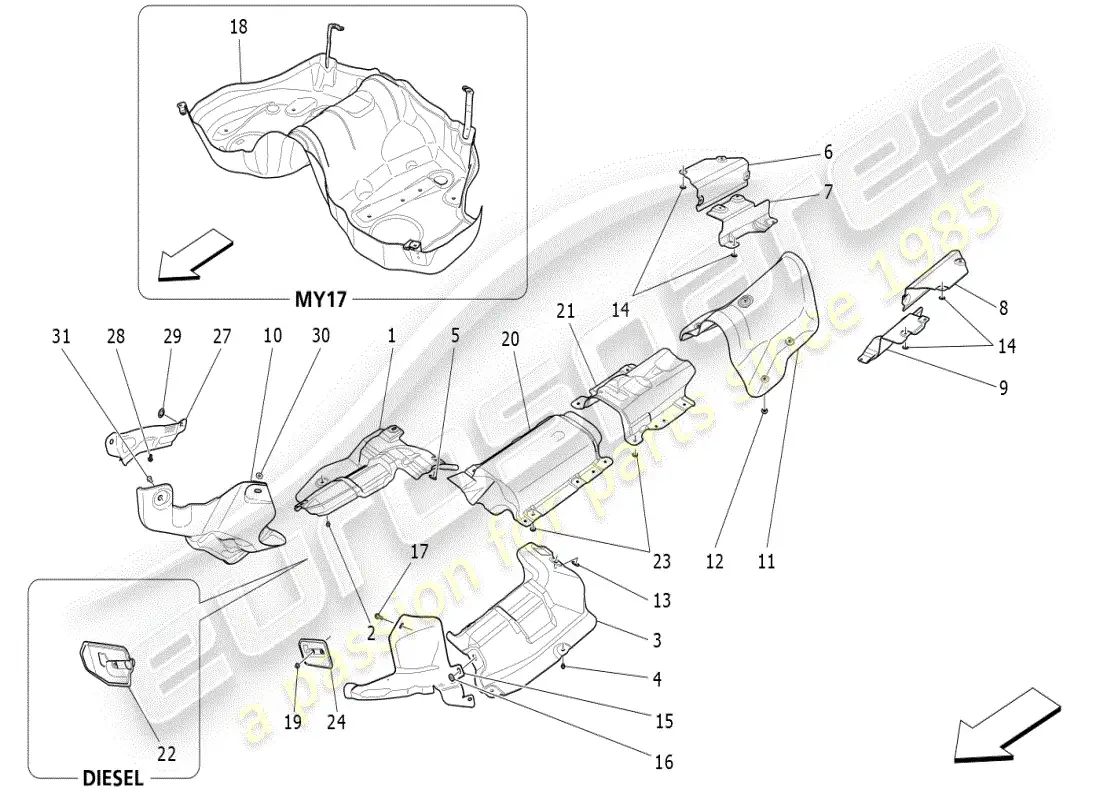 maserati ghibli (2019) paneles aislantes térmicos diagrama de piezas