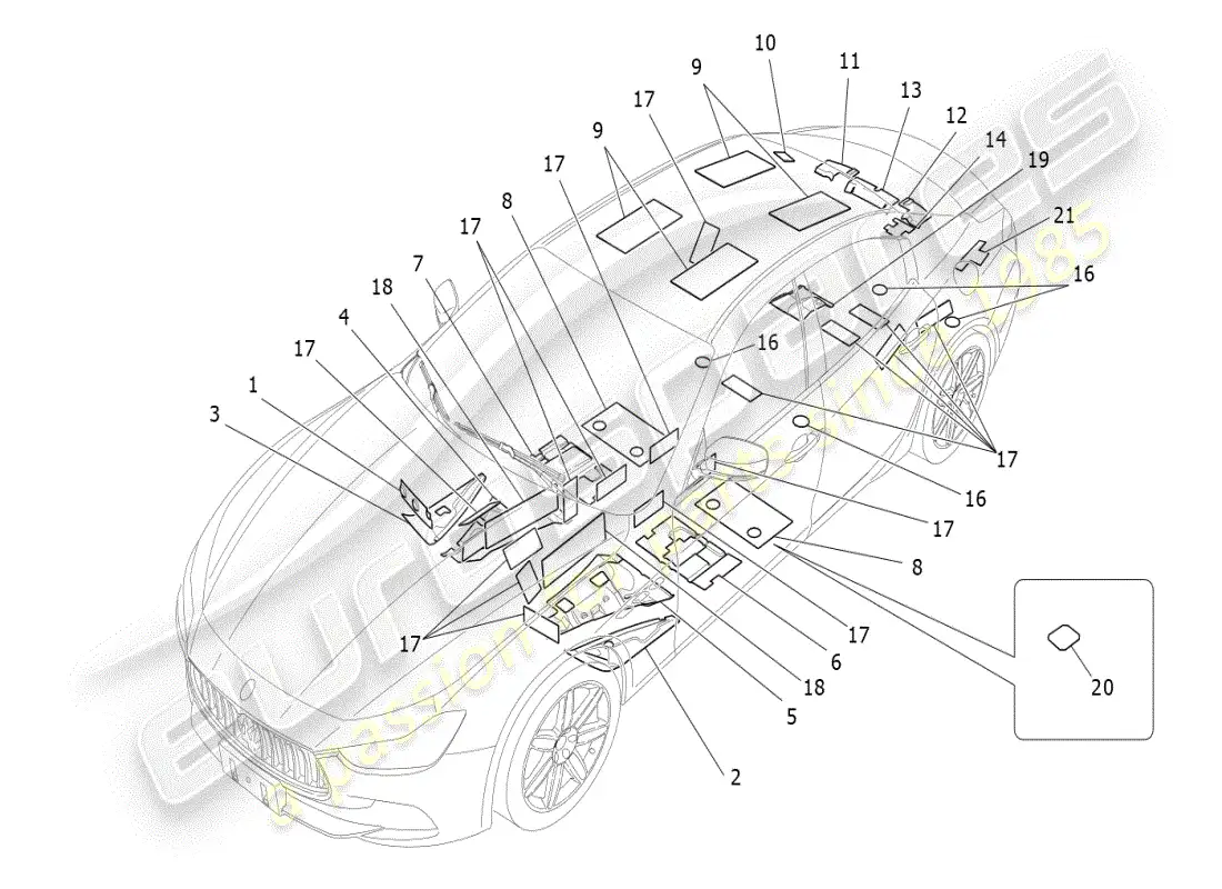 maserati ghibli (2019) paneles de insonorización en el interior del vehículo. diagrama de piezas.