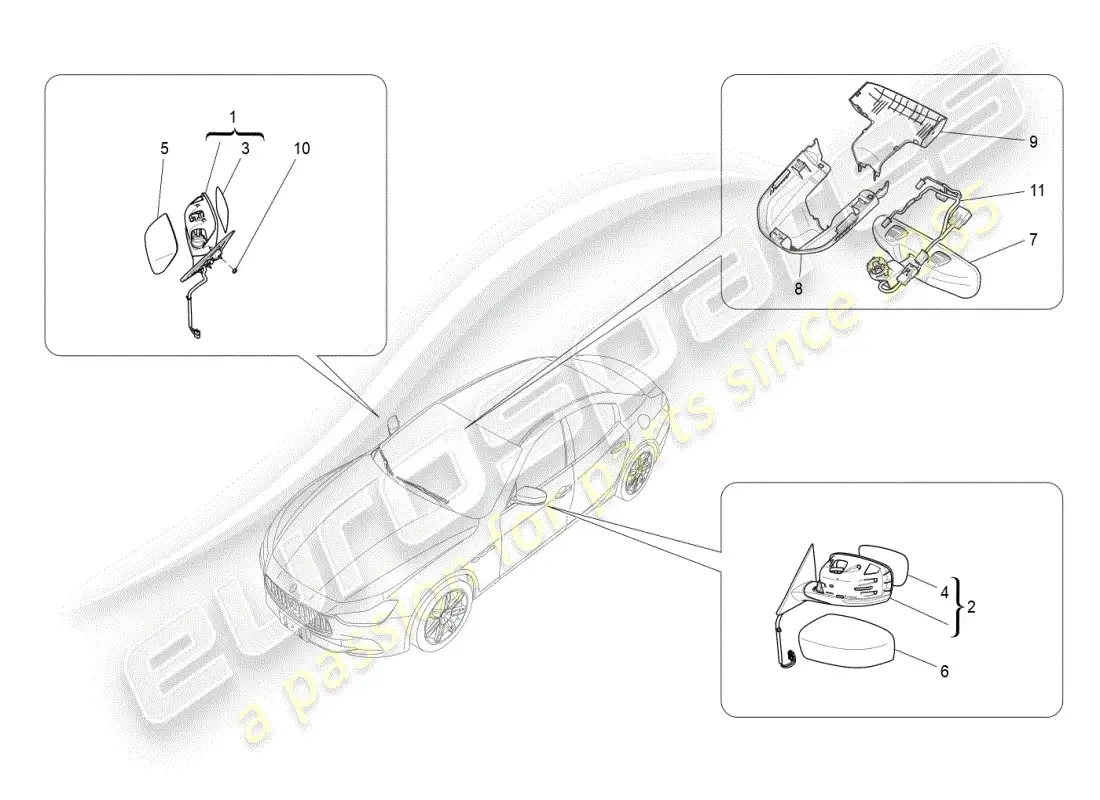 maserati ghibli (2019) diagrama de piezas de los espejos retrovisores internos y externos