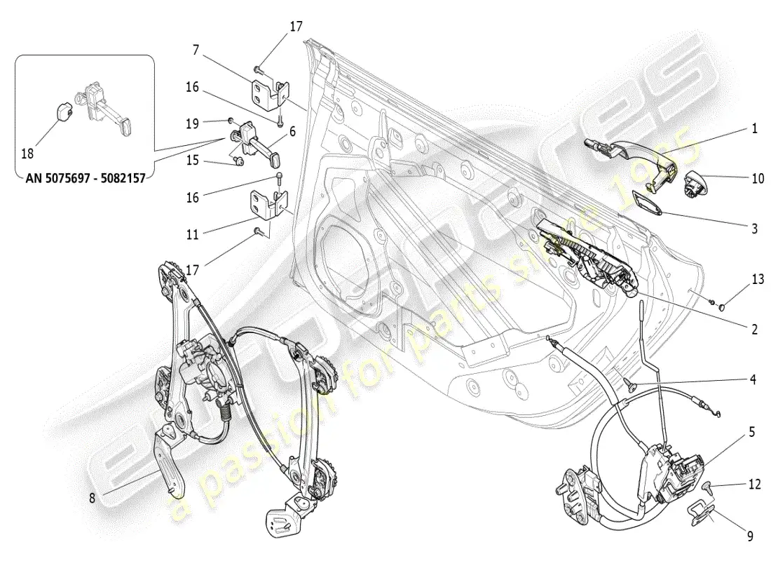 maserati ghibli (2019) puertas traseras: diagrama de piezas de mecanismos