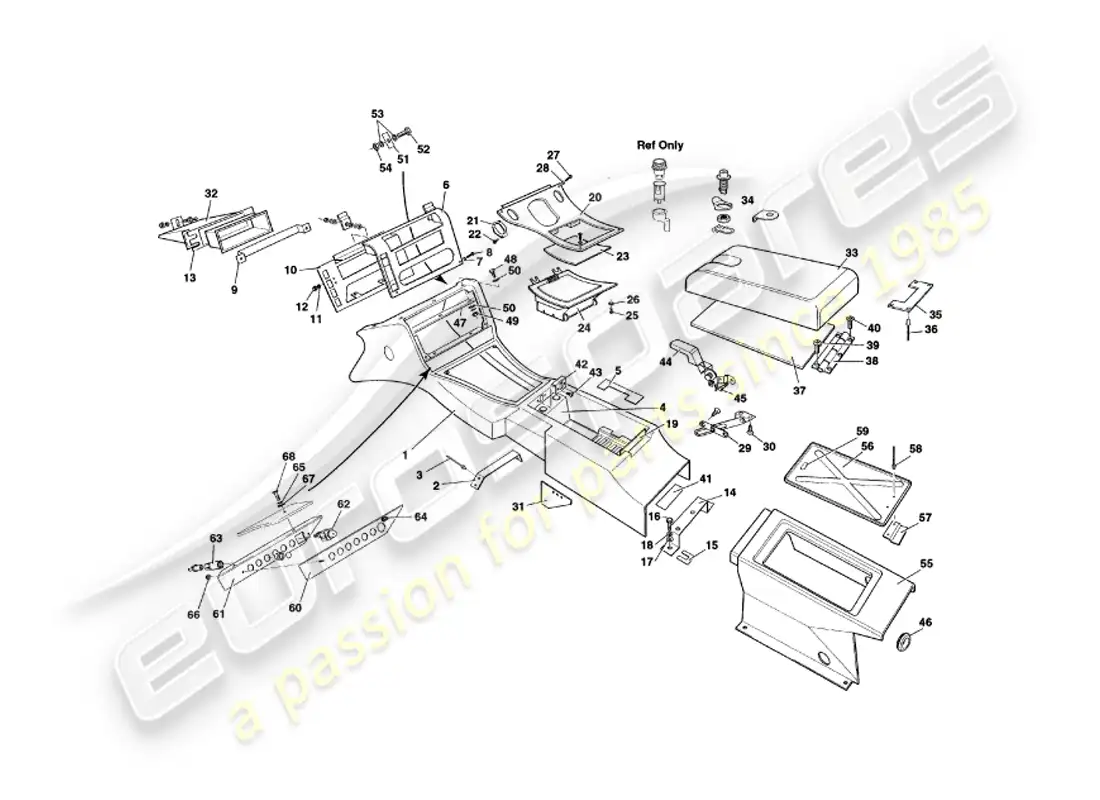 aston martin v8 coupe (1999) consola central y molduras diagrama de piezas